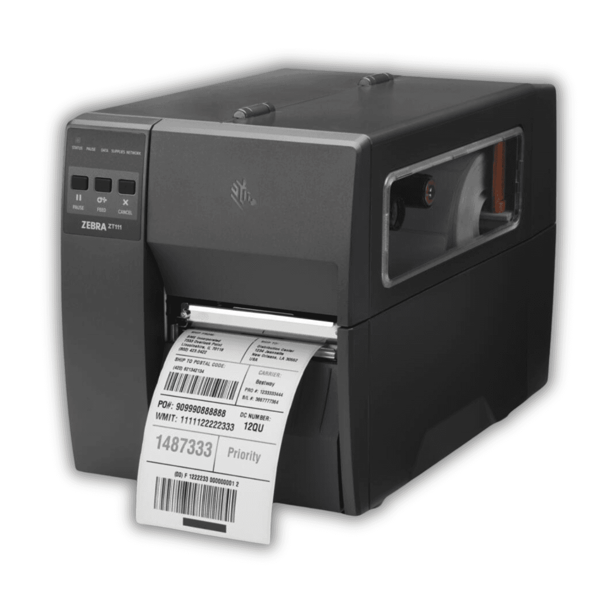 Zebra ZT111 — widok z boku, porty USB, RS-232, Ethernet i wyjście mediów