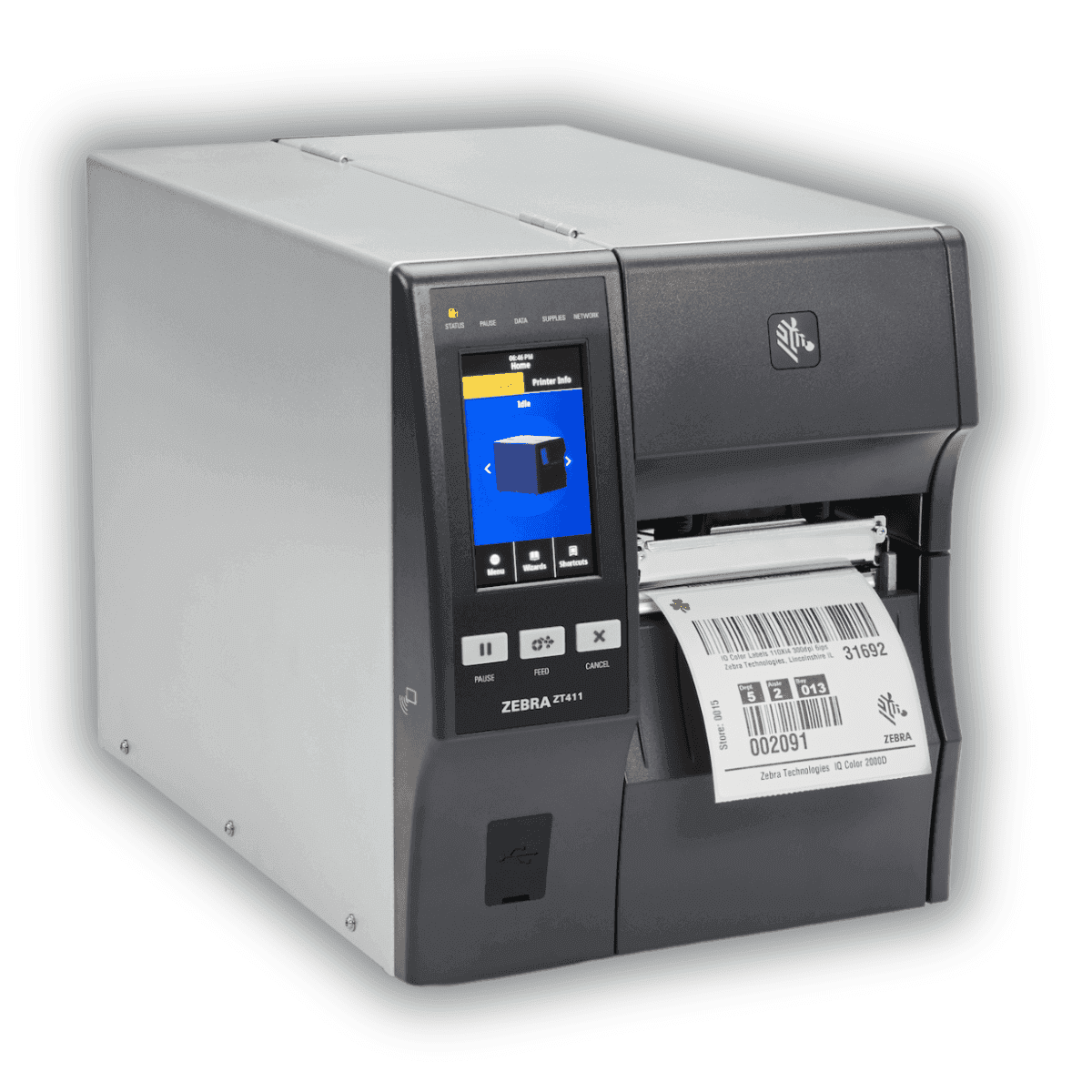 Drukarka przemysłowa Zebra ZT411 — widok z przodu z kolorowym ekranem dotykowym 4,3"