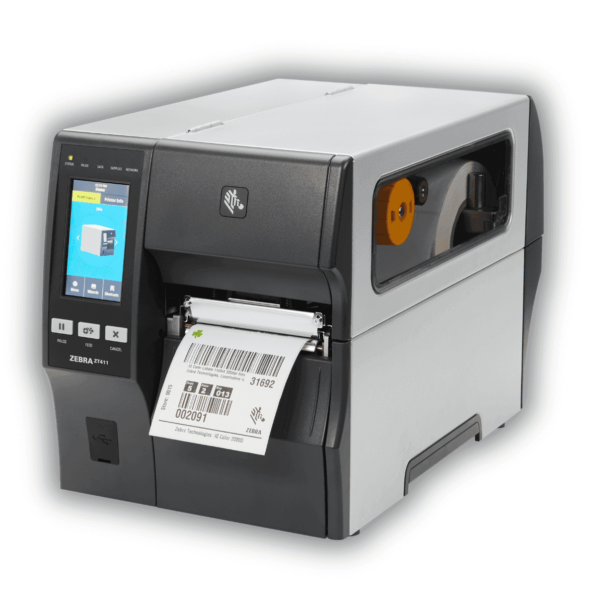 Zebra ZT411 — widok boczny, porty USB, Ethernet, RS-232 i metalowa obudowa