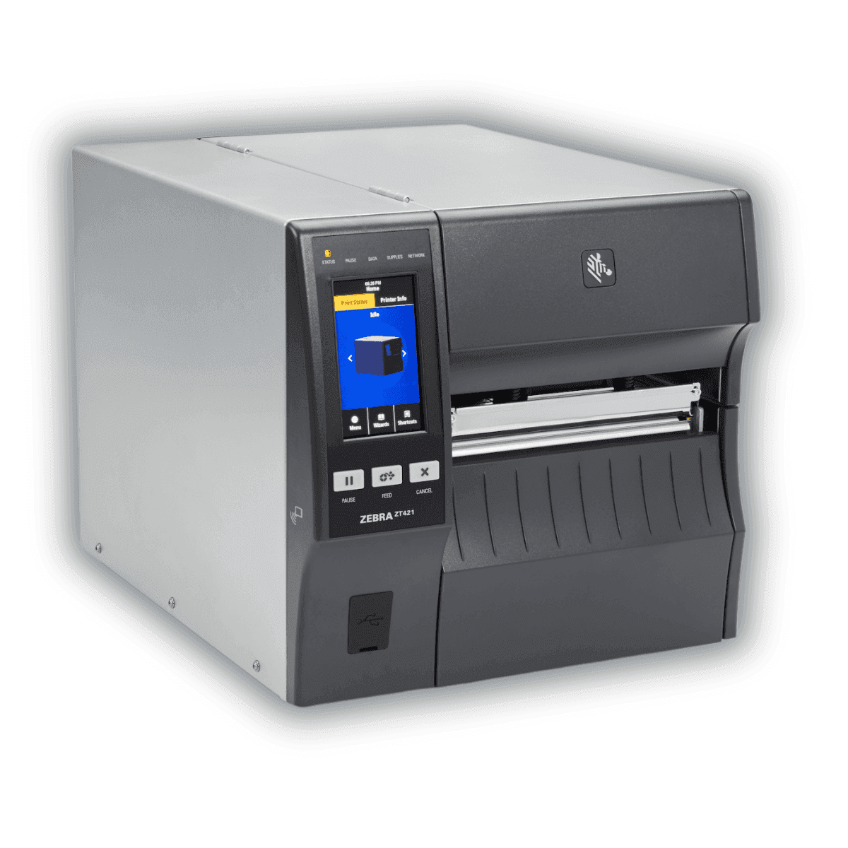 Drukarka przemysłowa Zebra ZT421 — widok z przodu z kolorowym ekranem dotykowym 4,3"