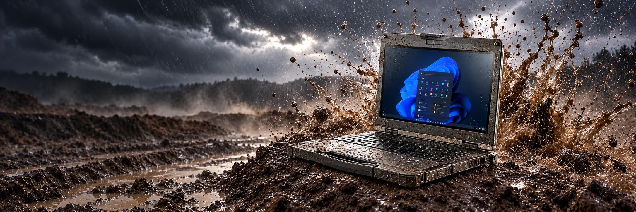 Otwarty laptop przemysłowy w błotnistym terenie, w deszczu i rozbryzgach mokrej ziemi