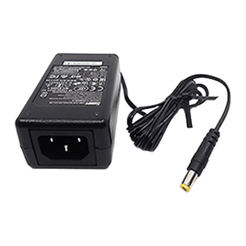 Zasilacz 12 V / 2 A Unitech 1010-900052G — czarny zasilacz z gniazdem przewodu sieciowego i przewodem DC z wtykiem