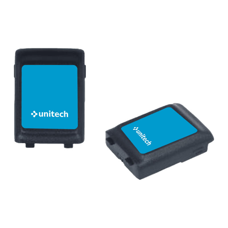 Akumulator Unitech 1400-900075G — czarny pakiet z niebieską etykietą z logo Unitech, ujęcie od góry i z boku