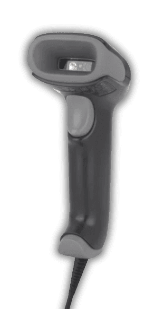 Honeywell Voyager XP 1470g — widok z przodu, czarna obudowa z oknem skanera area imager 2D i kablem USB