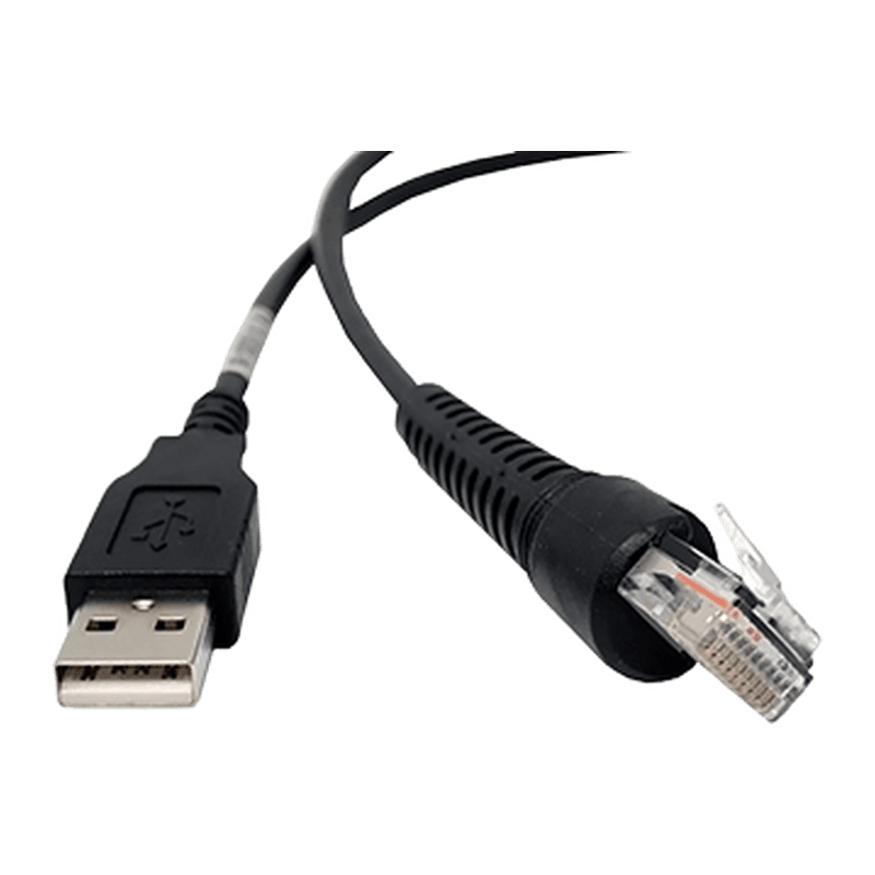 Przewód USB Unitech 1550-905920G — czarny przewód z wtykiem USB-A z jednej strony i wtykiem modułowym z osłoną przeciwzgięciową po drugiej