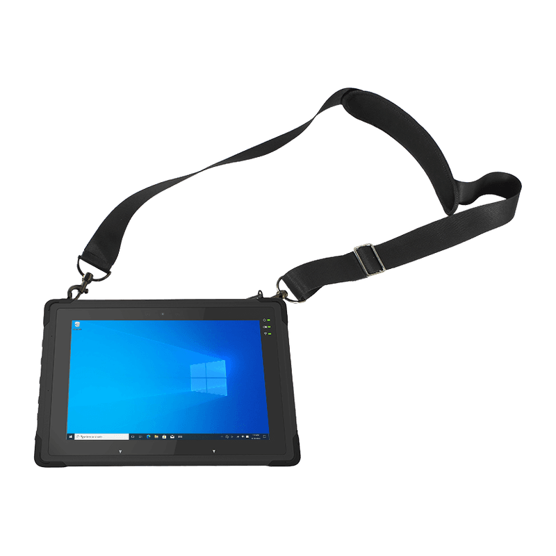 Pasek na ramię Unitech 3210-900034G — tablet TB170 Plus zawieszony na czarnym pasku, widok z przodu