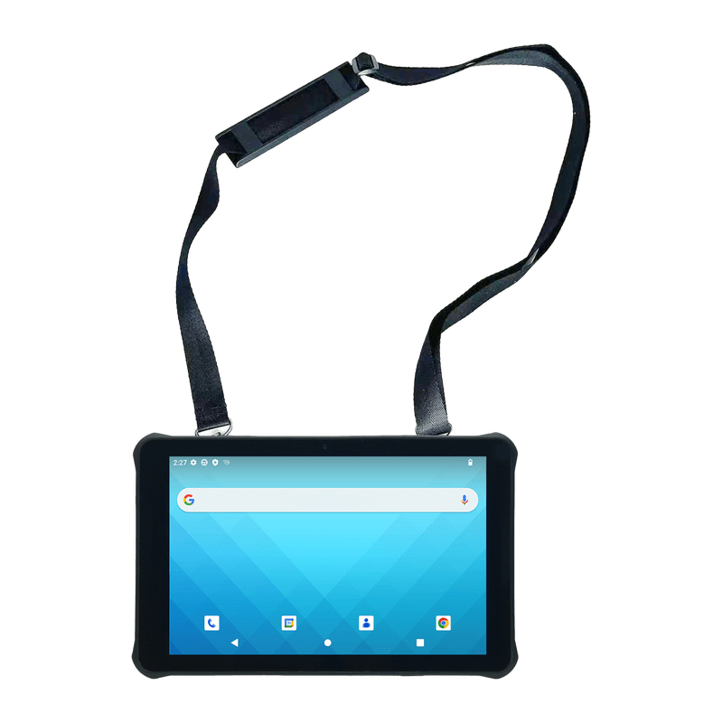 Pasek na ramię Unitech 3210-900041G — tablet RT112 z Androidem zawieszony na czarnym pasku, widok z przodu