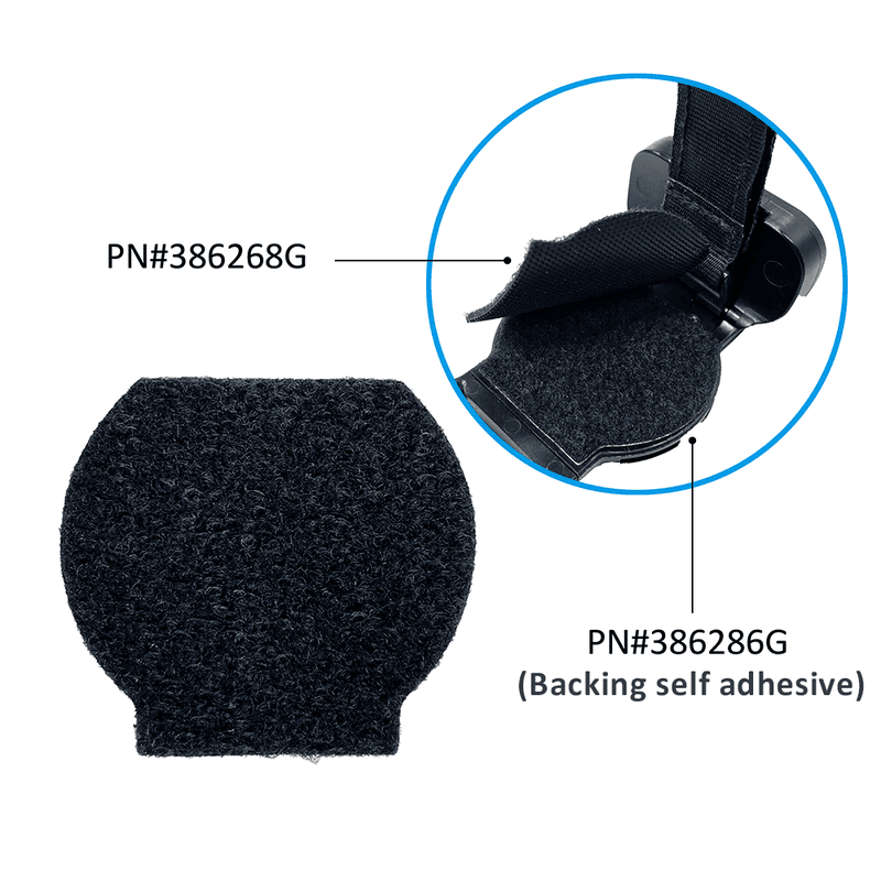 Podkładka na palec Unitech 386268G — czarna podkładka z miękkiego materiału, obok w kółku moduł spustu z odchyloną podkładką 386268G nad podkładem 386286G