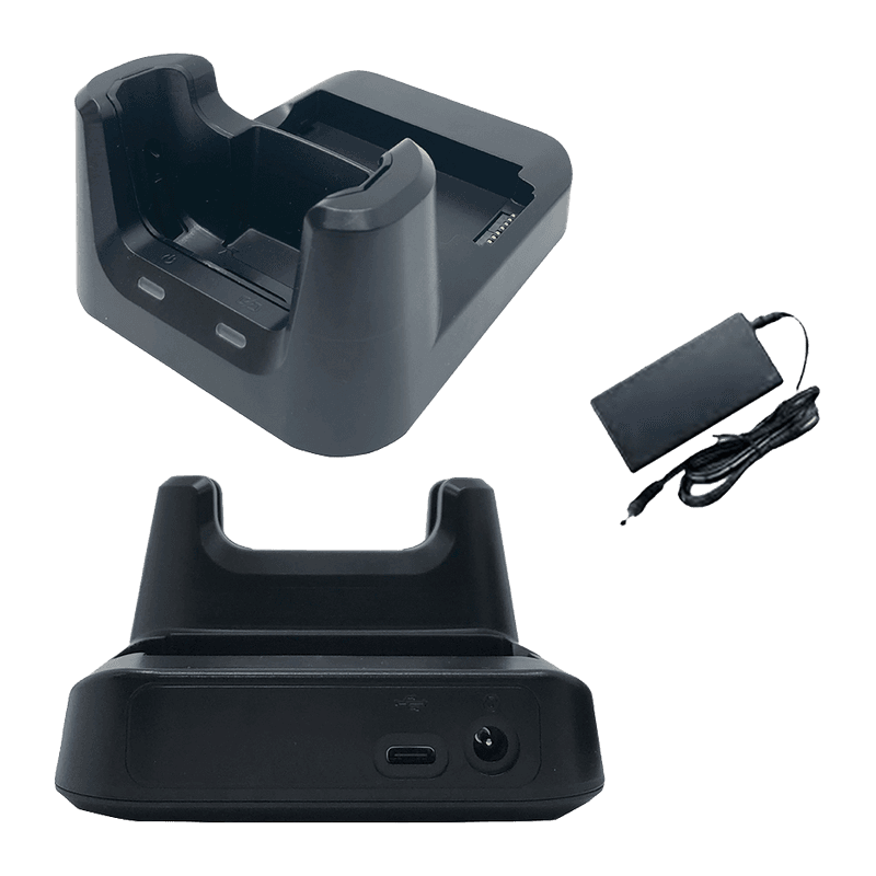 Stacja 1-gniazdowa USB Unitech 5000-900099G do HT330 — stacja widziana z góry i z przodu z gniazdem terminala i portem USB-C oraz zasilacz