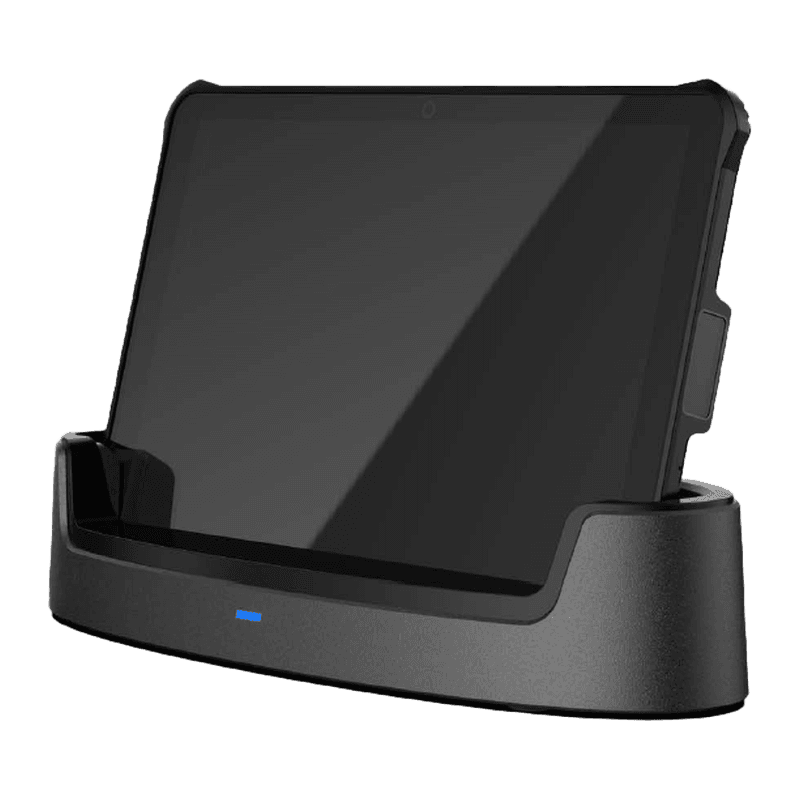 Stacja biurkowa Unitech 5000-900124G — tablet RT112 osadzony w czarnej stacji, widok z przodu pod kątem