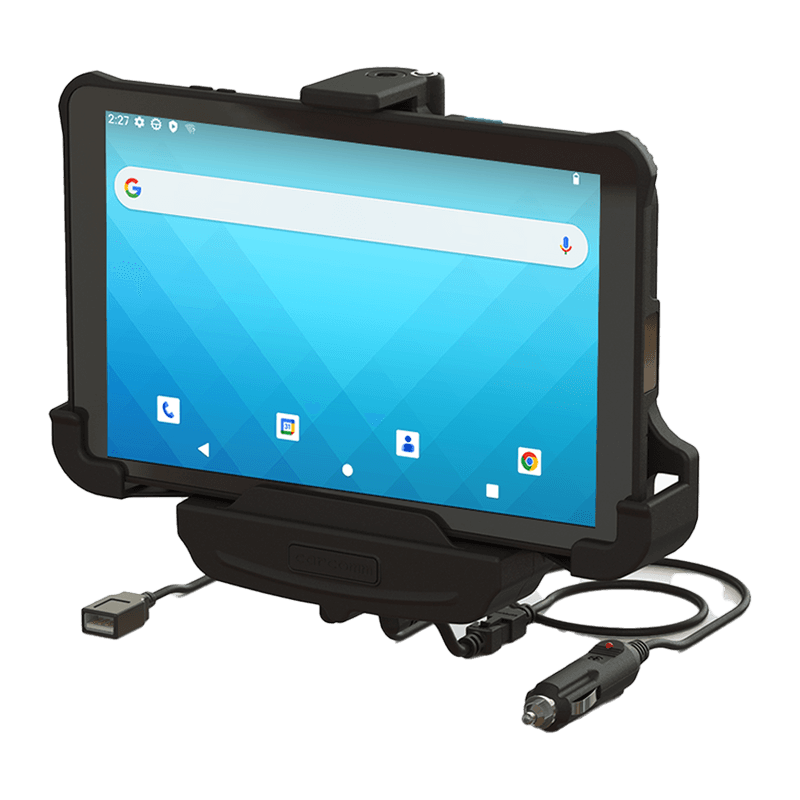 Uchwyt samochodowy Unitech 5000-900128G — tablet RT112 z Androidem w uchwycie, przewody z wtykiem zapalniczki i gniazdem USB