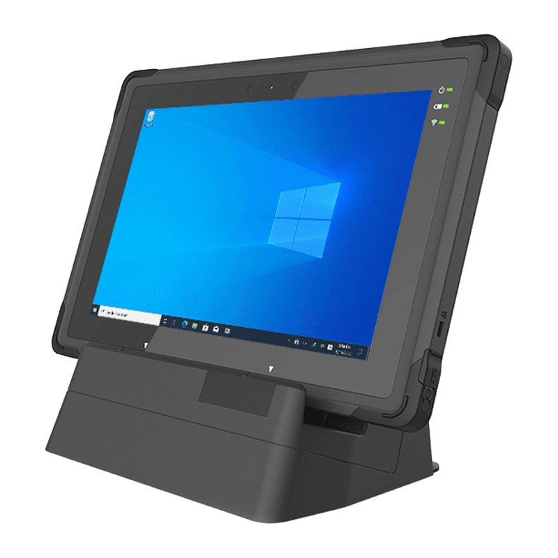 Stacja biurkowa Unitech 5000-900137G — tablet TB170 Plus osadzony w czarnej stacji, widok z przodu pod kątem