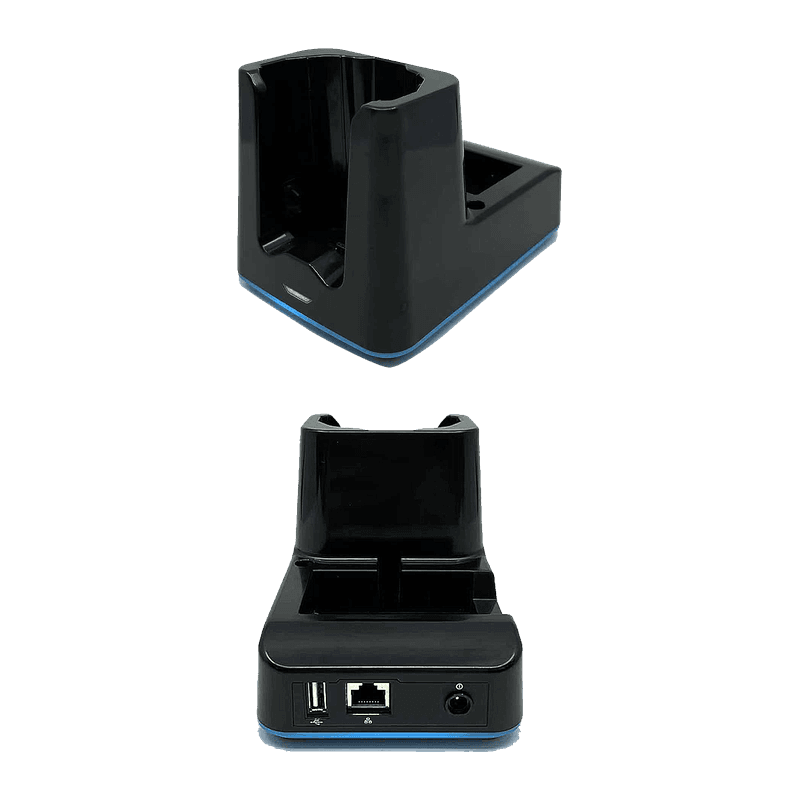 Stacja 1-gniazdowa Ethernet Unitech 5000-900140G do HT730 Plus — stacja widziana z przodu i od tyłu z portem RJ45 i portem USB