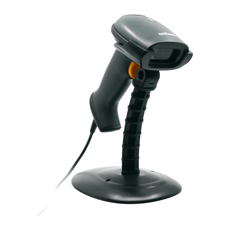 Podstawka Hands Free Stand Unitech 5200-900014G — giętka kolumna na okrągłej podstawie, w uchwycie skaner kodów kreskowych z przewodem