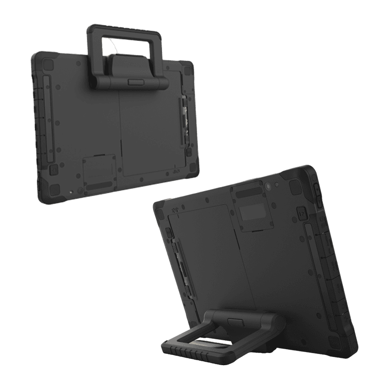 Podpórka Unitech 5200-900015G — dwa ujęcia tabletu TB170 Plus od tyłu: podpórka złożona i rozłożona
