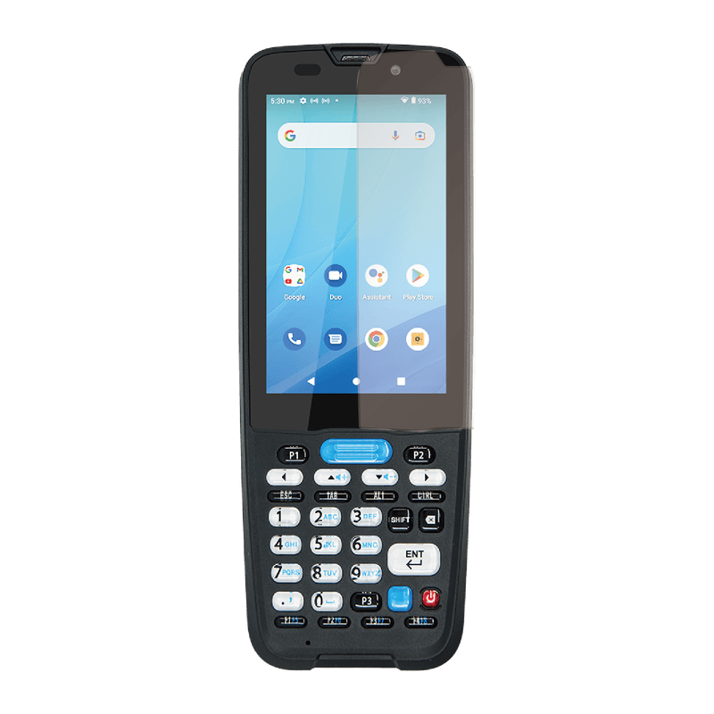 Szkło ochronne 9H Unitech 5400-900050G do HT330 — terminal z klawiaturą widziany z przodu, na ekranie przezroczyste szkło