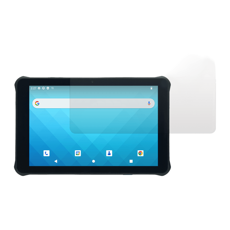 Szkło ochronne 9H Unitech 5400-900060G — przezroczysta tafla obok tabletu RT112 z Androidem