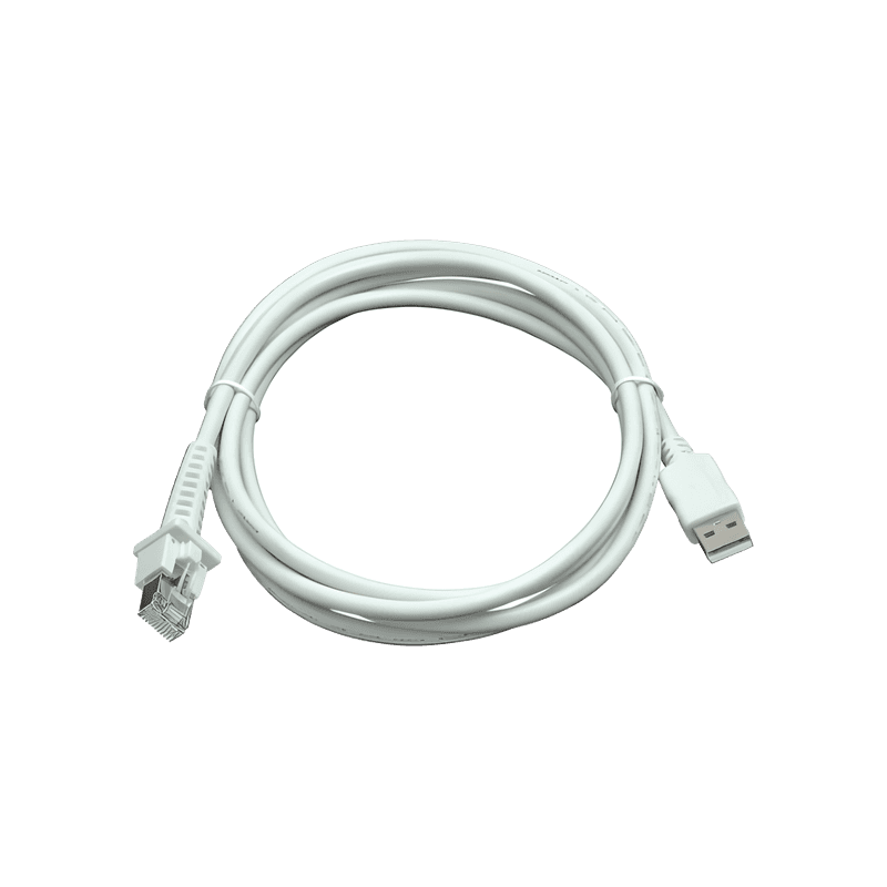 Przewód USB-A Datalogic 90A052278 — biały zwinięty przewód 2 m z wtykiem USB-A i złączem do skanera