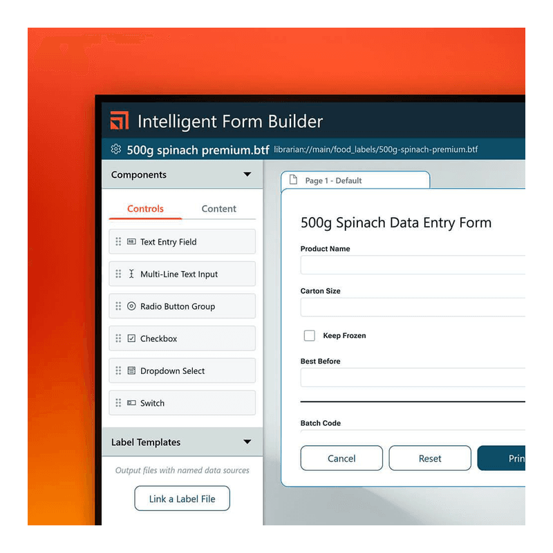 BarTender Automation — Intelligent Form Builder: kreator formularza druku z polami tekstowymi, listą wyboru i przypisanym szablonem etykiety