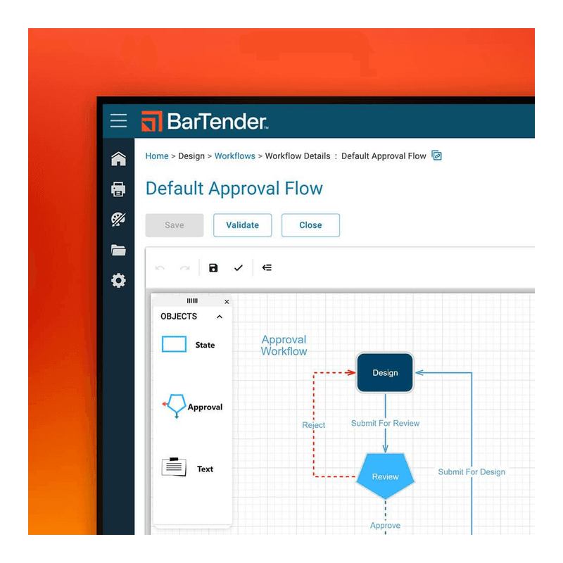 BarTender Enterprise — Workflow Designer: schemat zatwierdzania dokumentu „Default Approval Flow” z etapami projektu i akceptacji