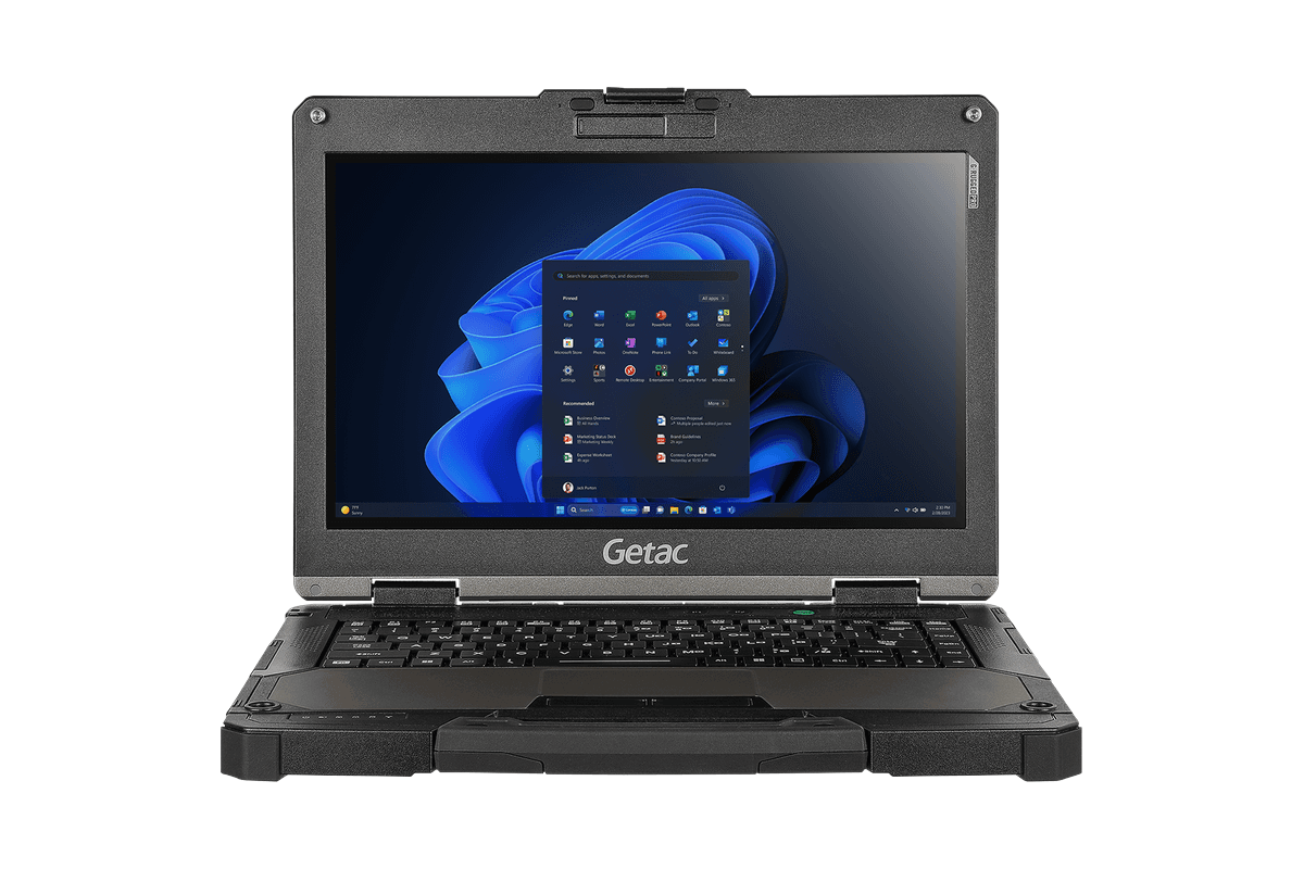 Getac B360 — otwarty laptop, widok z przodu, ekran 13,3 cala i klawiatura