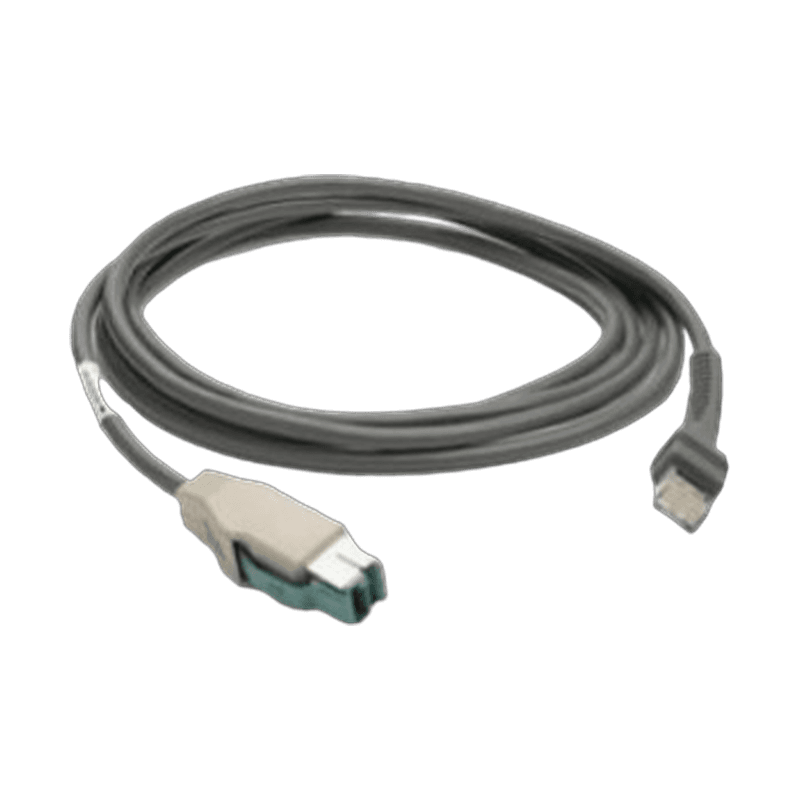 Przewód USB Power Plus Zebra CBA-U23-S07ZBR — zwinięty szary przewód z wtyczką Power Plus i wtyczką modułową skanera