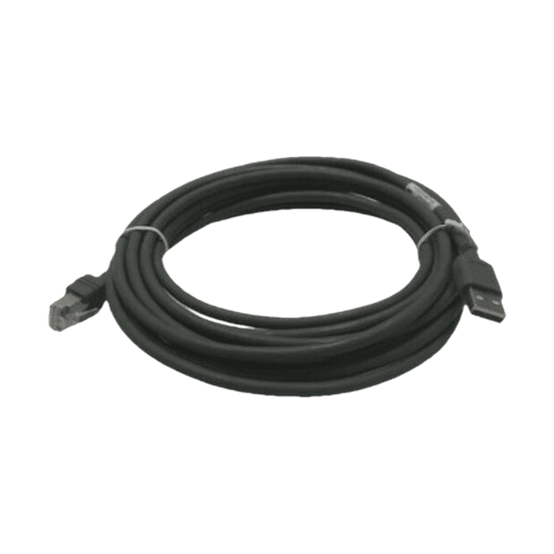 Przewód USB Zebra CBA-U51-S16ZAR — zwinięty czarny przewód z wtyczką USB-A i wtyczką RJ-45