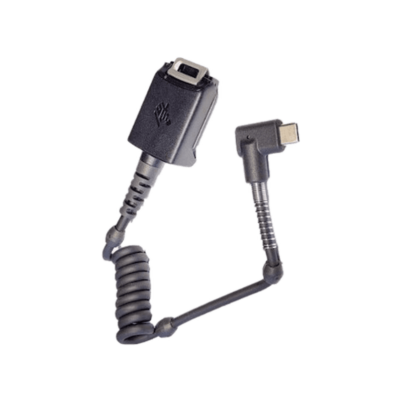 Adapter przewodowy USB-C Zebra CBL-RS5X6-ADPTC-01 — złącze skanera, przewód spiralny i kątowy wtyk USB-C