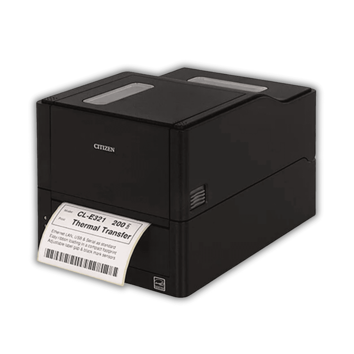 Citizen CL-E321 — widok z tyłu, porty Ethernet, USB i RS-232 w standardzie