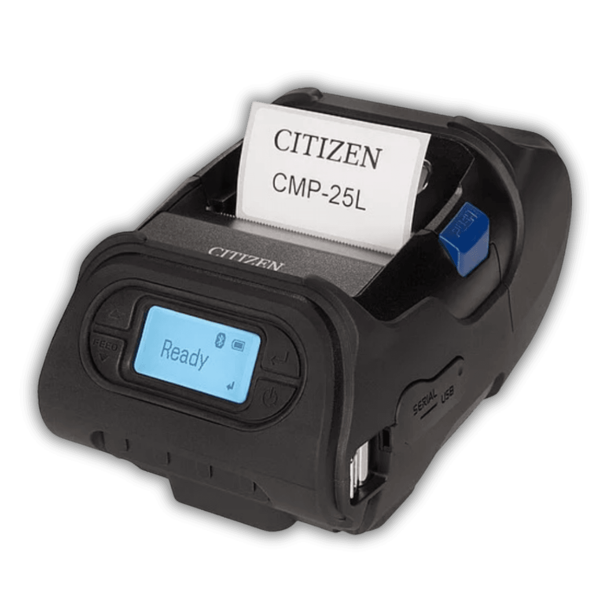 Citizen CMP-25L — widok z przodu, mobilna drukarka 2 cale z wyświetlaczem LCD i klipem na pasek
