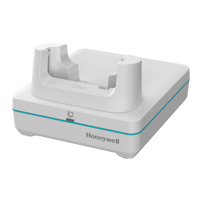 Stacja Display Base Honeywell w wersji HC — biała podstawa z niebieskim paskiem i gniazdem Universal Dock
