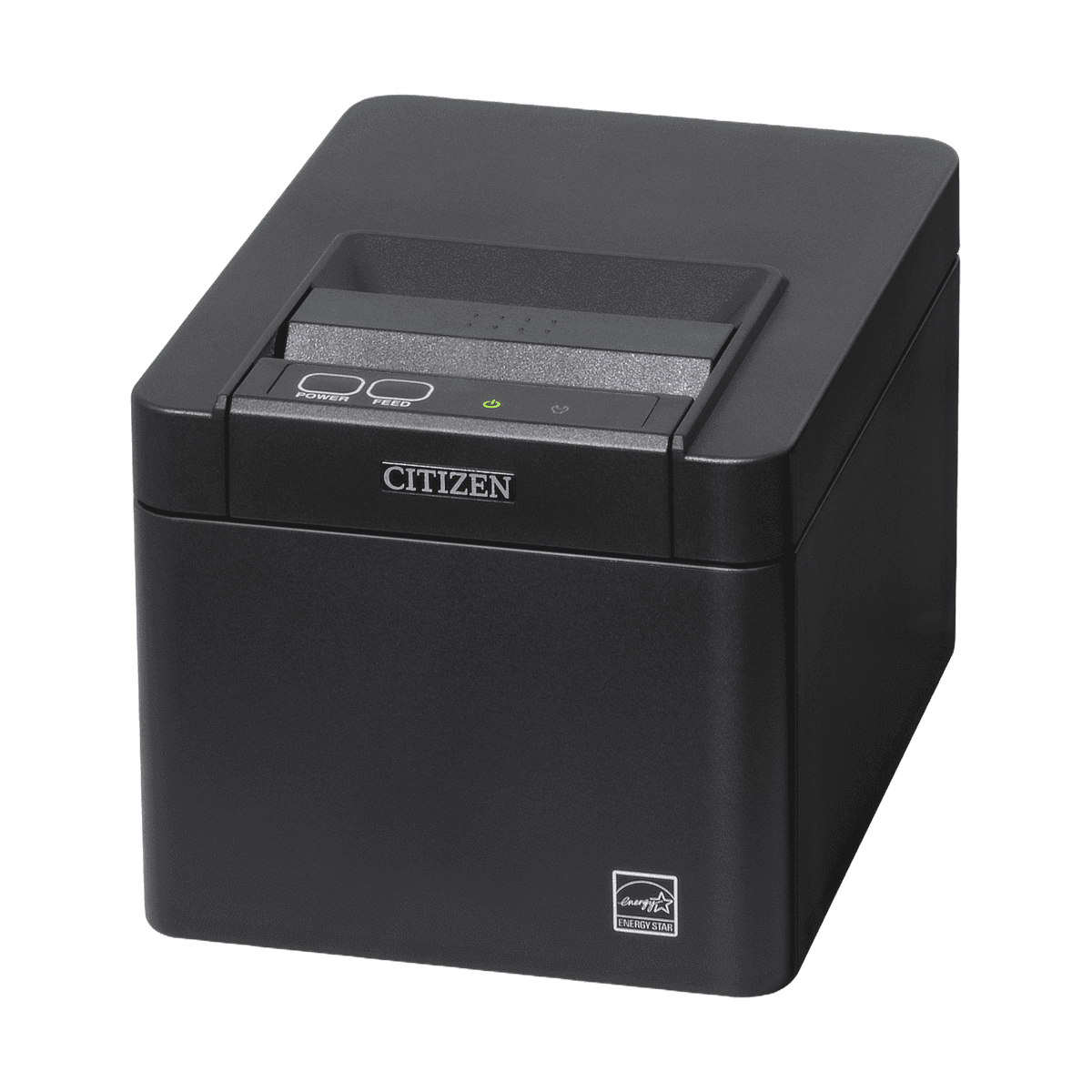 Citizen CT-E301 w czarnej obudowie — widok z przodu pod kątem, z góry: wylot papieru i przyciski