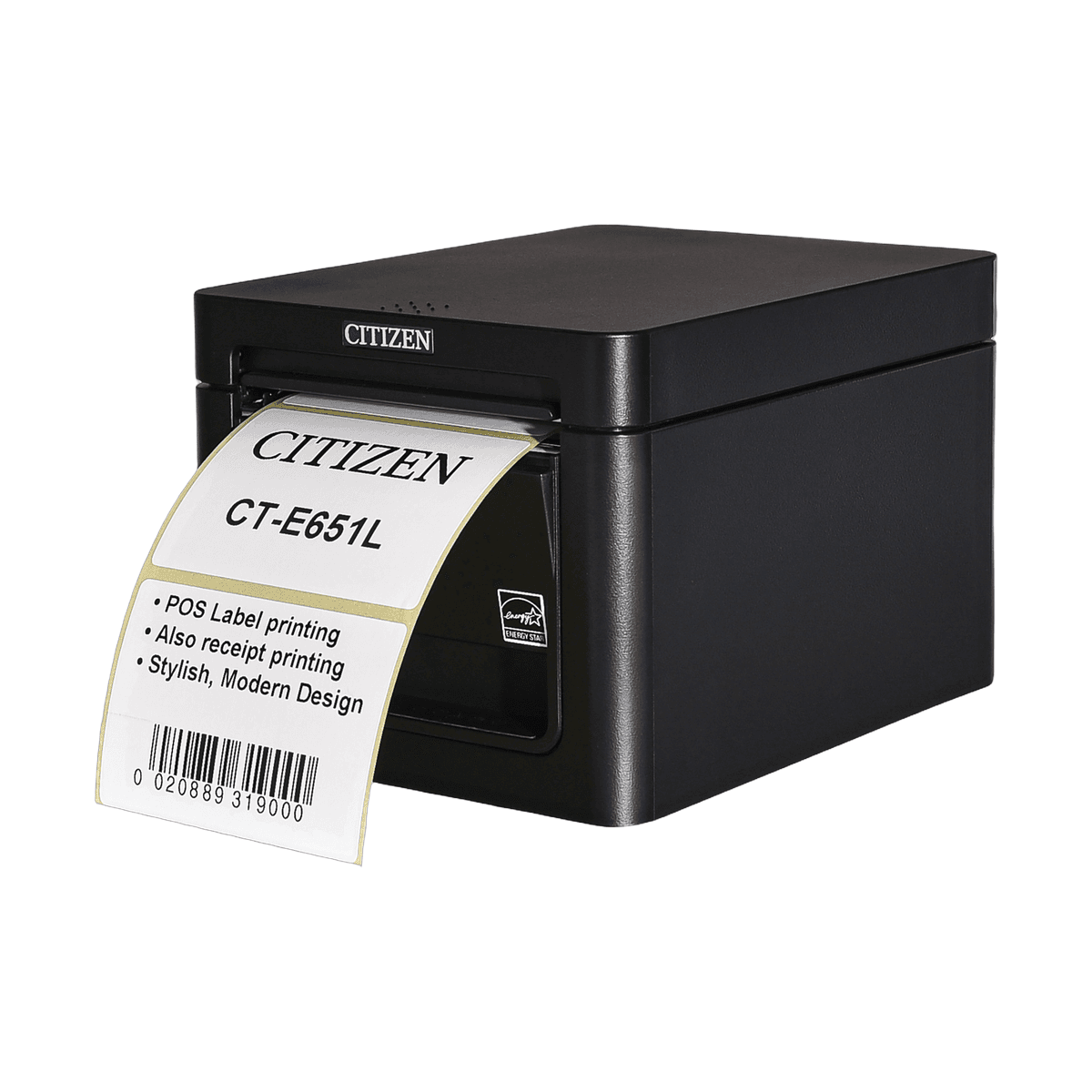 Citizen CT-E651L w czarnej obudowie — etykieta z kodem kreskowym w wylocie, widok z przodu pod kątem