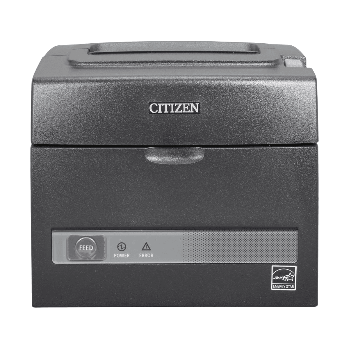 Citizen CT-S310II w czarnej obudowie — widok z przodu: przycisk FEED, diody POWER i ERROR