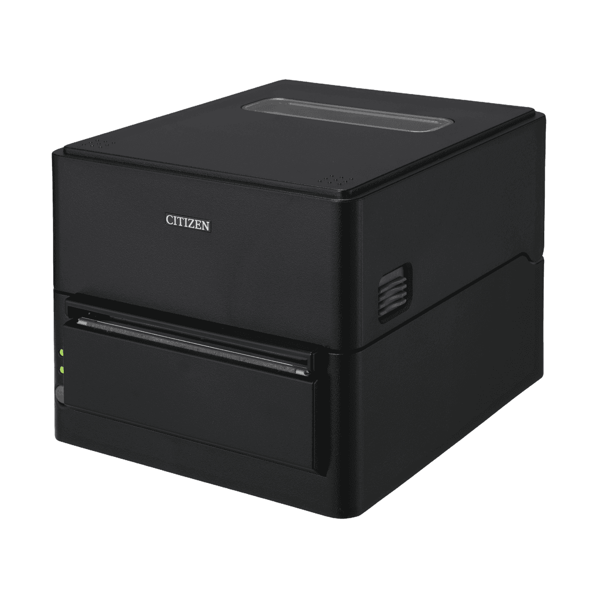 Citizen CT-S4500 w czarnej obudowie — widok z przodu pod kątem: okienko podglądu papieru w pokrywie i wylot z przodu