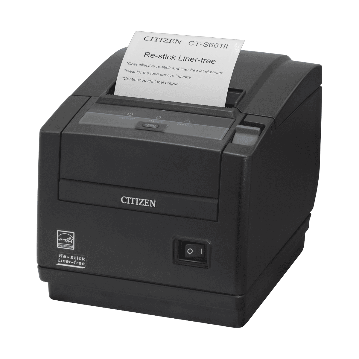 Citizen CT-S601IIR — etykieta bez podkładu w wylocie u góry, widok z przodu pod kątem