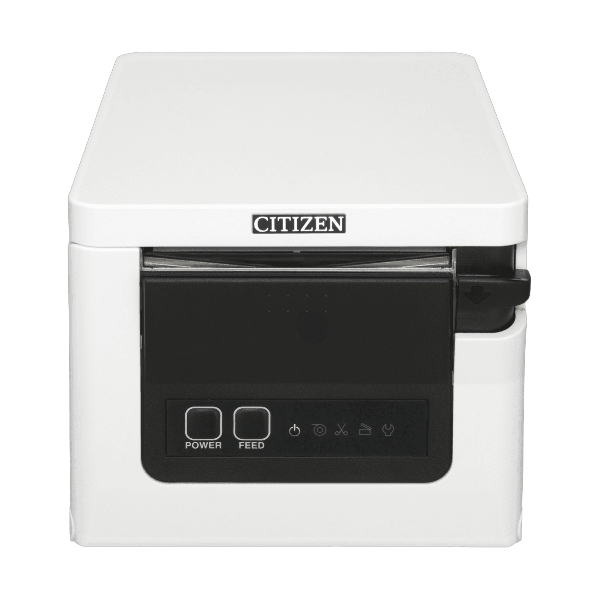 Citizen CT-S751 w białej obudowie — widok z przodu, z góry: wylot papieru, przyciski POWER i FEED oraz diody