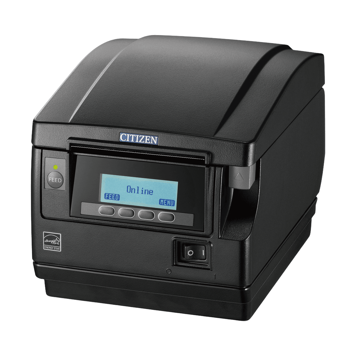 Citizen CT-S851III — widok z przodu pod kątem: wyświetlacz LCD z komunikatem Online, przycisk FEED i włącznik