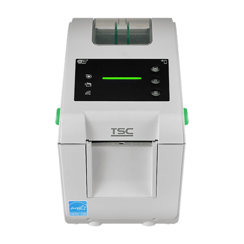 TSC DH220LHC — biała 2-calowa drukarka termiczna z panelem LED i przezroczystym okienkiem rolki, widok z przodu