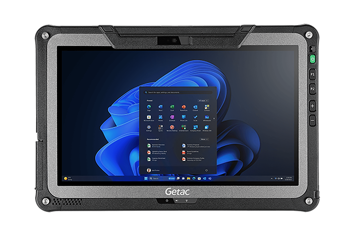 Getac F110 G7 — widok z przodu, ekran 11,6 cala w poziomie i przyciski po prawej stronie