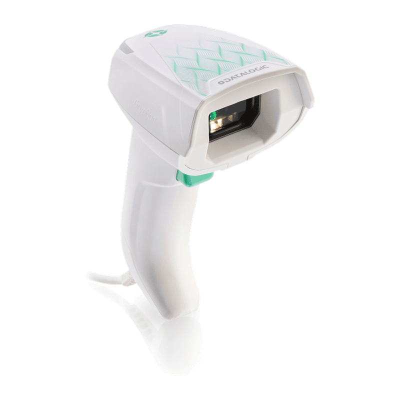 Datalogic Gryphon GD4690 HC — biały skaner w wersji dla ochrony zdrowia, widok z przodu pod kątem na okno odczytu i spust