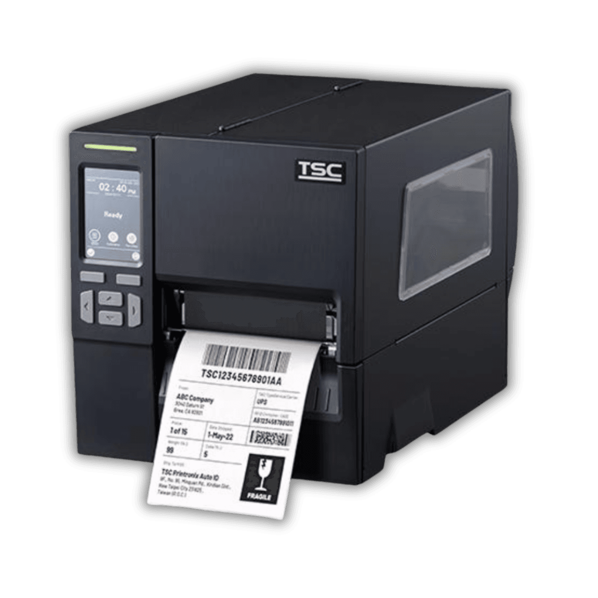 TSC MB241T — widok z boku, składane drzwi bifold z dużym oknem podglądu mediów
