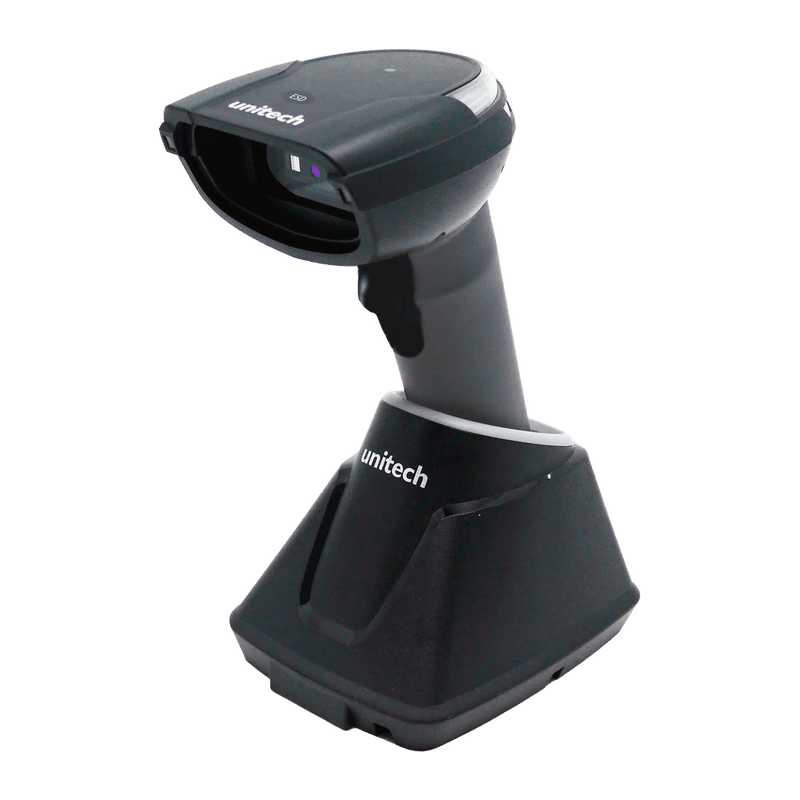 Unitech MS851B ESD — skaner laserowy w stacji ładującej, widok z przodu pod kątem