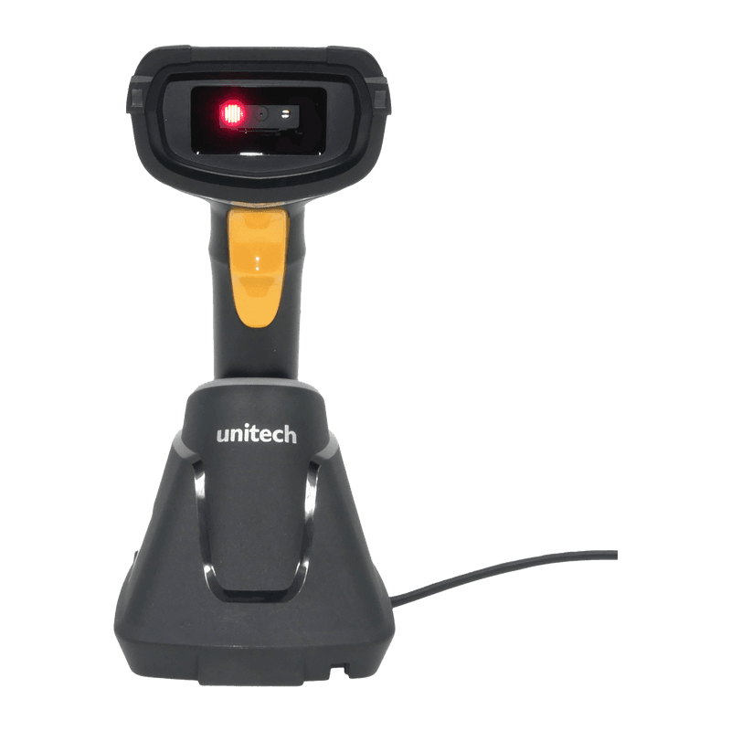 Unitech MS852P — skaner 2D w stacji widoczny od przodu, czerwony celownik w oknie skanera