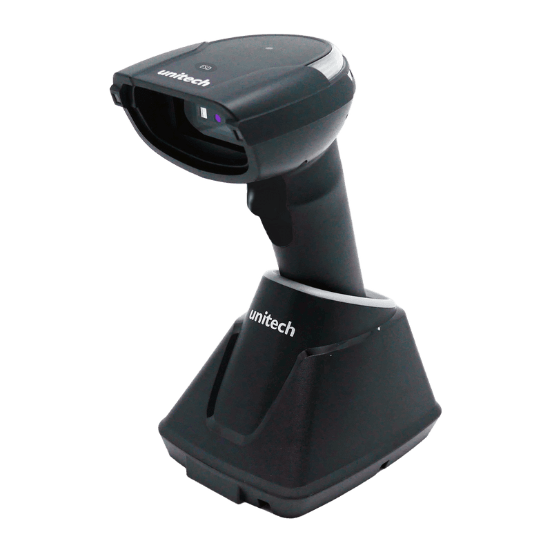 Unitech MS852B Plus ESD — skaner 2D w czarnej stacji ładującej, widok z przodu pod kątem