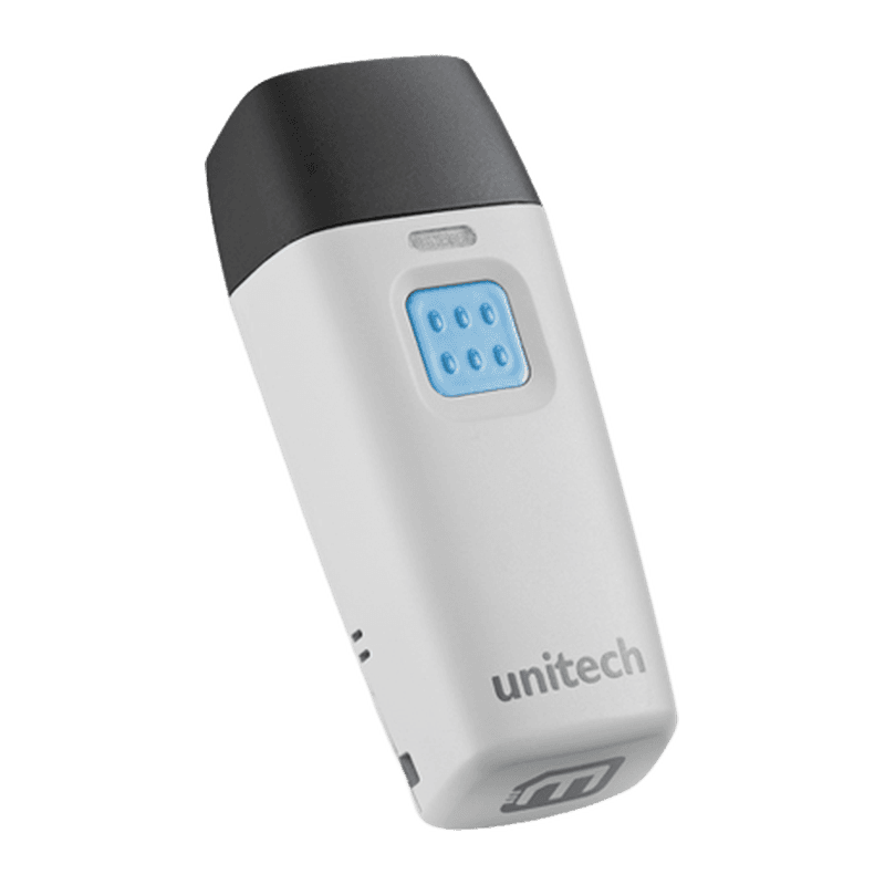 Unitech MS912 Plus 2D — kieszonkowy skaner z białą obudową i czarną głowicą, widok z przodu pod kątem