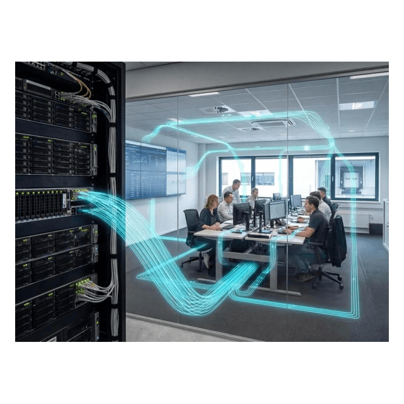 Loftware Cloud Business — grafika Loftware: szafa serwerowa i zespół przy stanowiskach z monitorami, połączone świetlnymi liniami symbolizującymi druk w sieci firmy