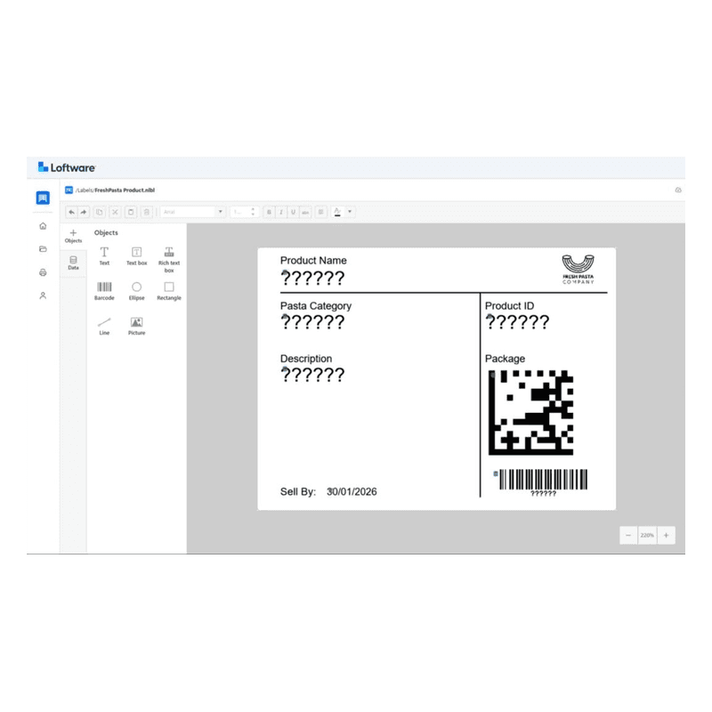 Loftware Cloud Designer — Web Designer w przeglądarce: projekt etykiety produktu z kodem Data Matrix i kodem kreskowym, po lewej panel obiektów: tekst, kod kreskowy, kształty i obraz