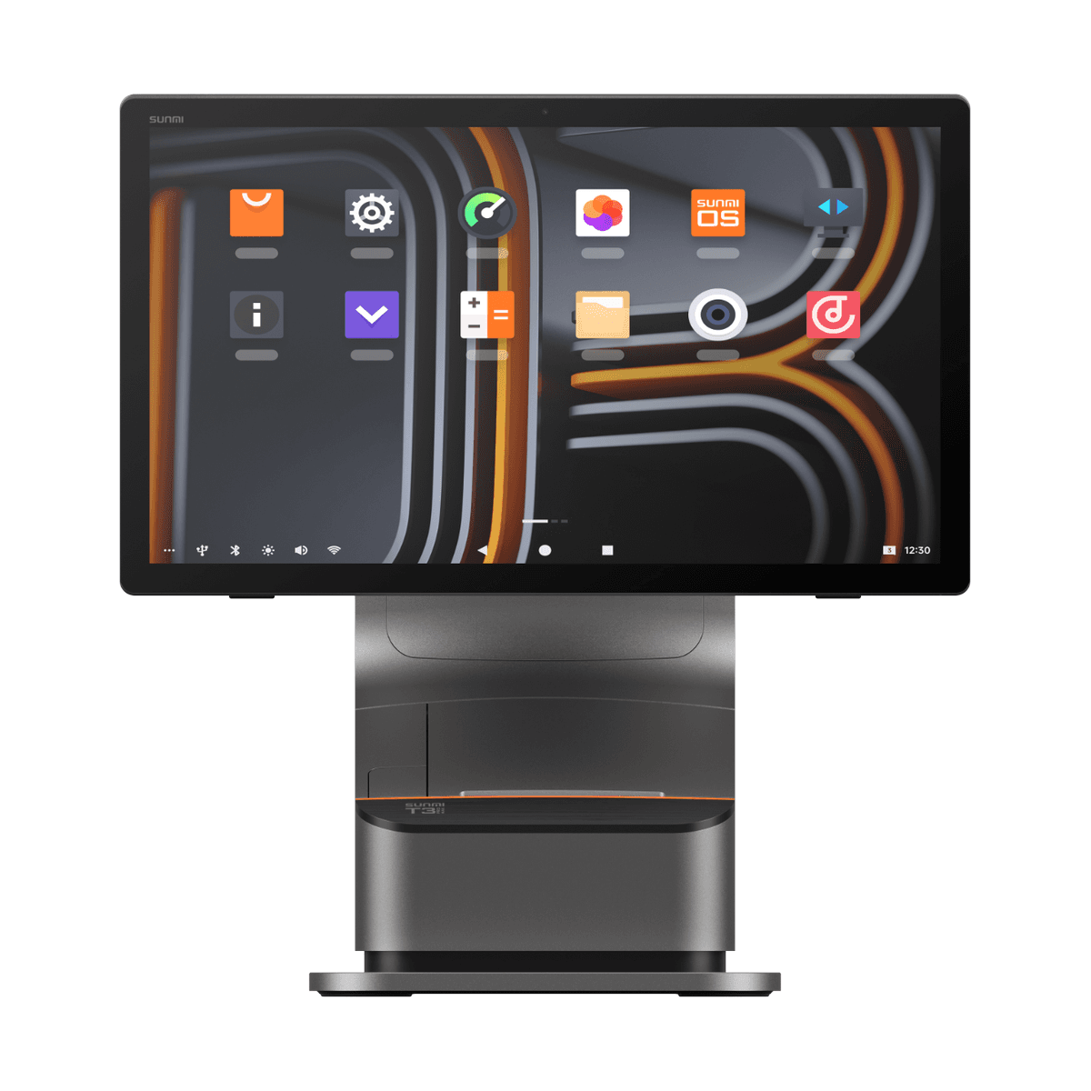 SUNMI T3 PRO MAX — widok z przodu: ekran 15,6" z pulpitem SUNMI OS i drukarka 80 mm w podstawie