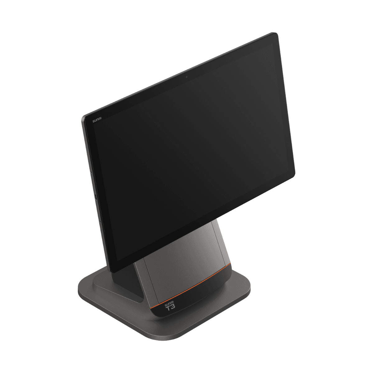SUNMI T3 80 mm — widok z przodu z lewej strony, z góry: ekran dotykowy 15,6" i podstawa z drukarką